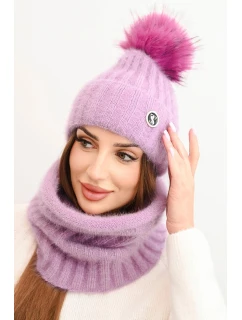 Dámska zimná súprava s bambulou a šálom fialová