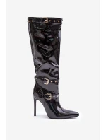 Lakierowane Kozaki Na Szpilce Z Klamrami Czarne Emiraethe