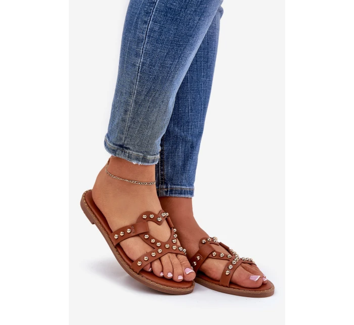 Zdobione Płaskie Klapki Damskie Camel Adivrae