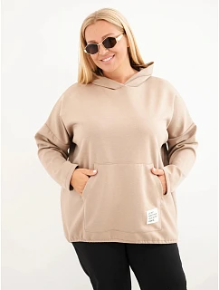 Dámska mikina Plus Size z viskózy s kapucňou a klokaním vreckom v kamelovej farbe