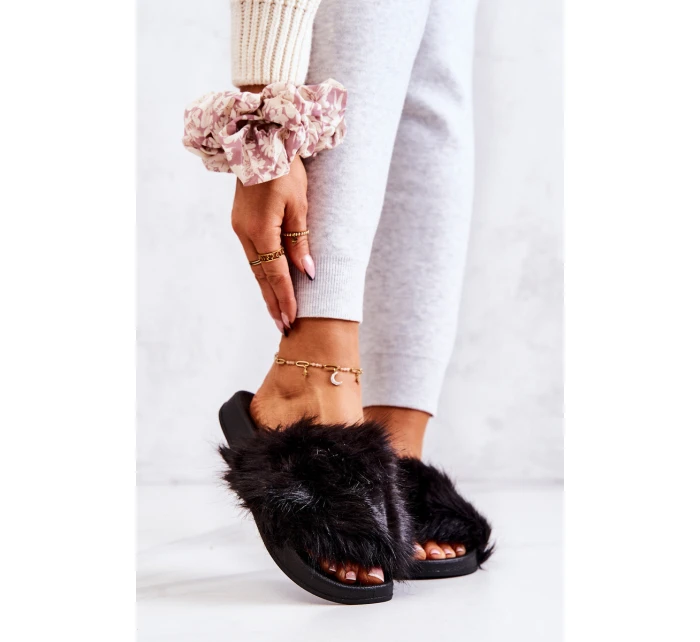 Klapki Z Futerkiem Gumowe Czarne Pollie Klapki Z Futerkiem Gumowe Czarne Pollie