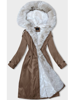 Hnedo-béžová dámska zimná bunda parka s kožušinou (B557-14046)