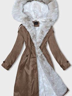 Hnedo-béžová dámska zimná bunda parka s kožušinou (B557-14046)