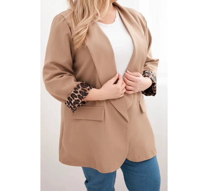 Dámská bunda Plus Size s podšívkou v leopardím vzoru camelová Dámská bunda Plus Size s podšívkou v leopardím vzoru camelová