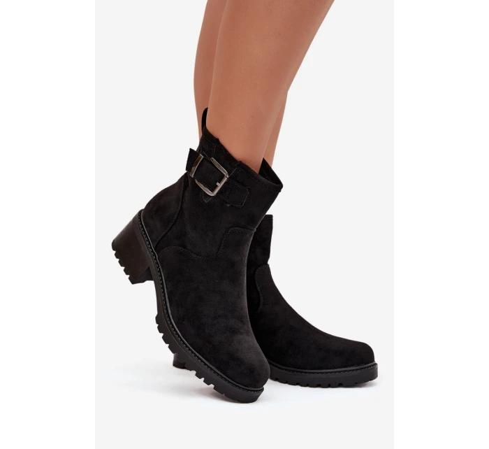 Ocieplane Botki Damskie Na Niskim Obcasie Klocku Z Klamrą Czarne  Helvina