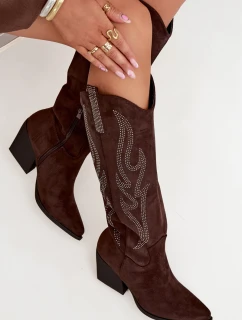 Dámske kovbojské topánky s podpätkom Jovina - čokoládové