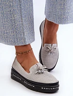 Błyszczące Mokasyny Damskie Skórzane Na Platformie S.Barski LR400 Srebrne