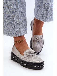 Błyszczące Mokasyny Damskie Skórzane Na Platformie S.Barski LR400 Srebrne