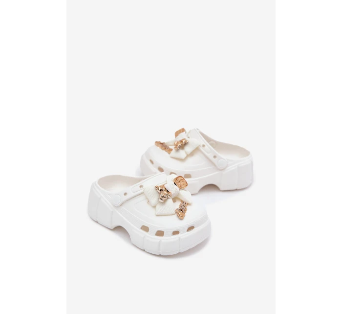 Klapki Dziecięce Dziewczęce Piankowe Z Kokardką I Ozdobami Białe Selvana