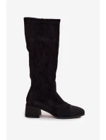 Kozaki Damskie Ze Zdobieniem Na Klocku Eko Zamszowe Czarne Ivanna