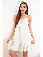 Dámske viskózové šaty bez ramienok s volánom a viazaním béžovej farby