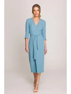 S396 Šaty so zavinovacími detailmi v strednej dĺžke - nebesky modré