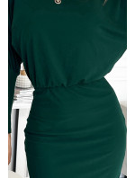 LARA - Dámske šaty vo fľaškovo zelenej farbe so sťahovacími lemami na rukávoch 399-2