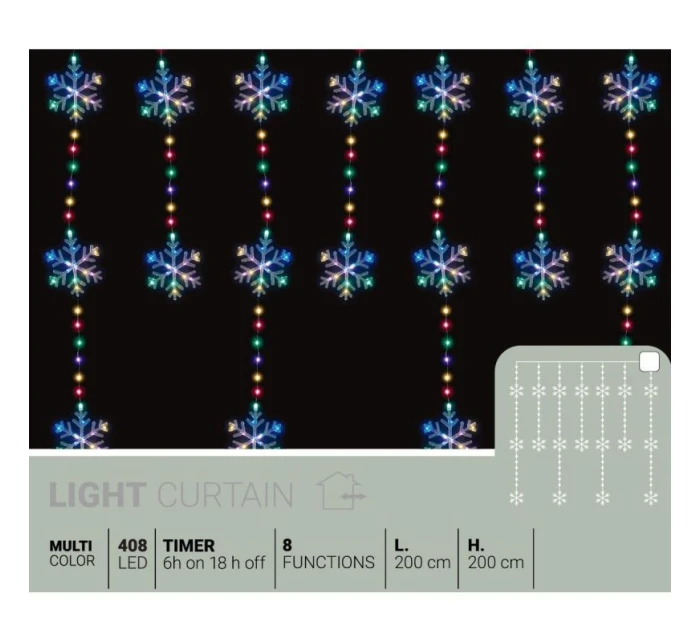 Svetelné závesy na vianočný stromček 200x200 CM 408LED snehové vločky MULTIKOLOR Svetelné závesy na vianočný stromček 200x200 CM 408LED snehové vločky MULTIKOLOR