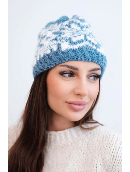 Dámska zimná vlnená čiapka s nórskym vzorom K354 jeans+white