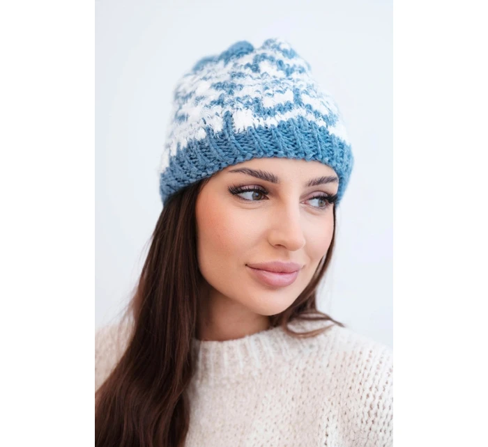 Dámska zimná vlnená čiapka s nórskym vzorom K354 jeans+white