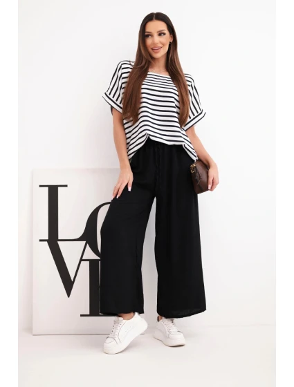 Dámská viskózová souprava s model 22172008 blůzou a širokými kalhotami s gumou černý - K-Fashion