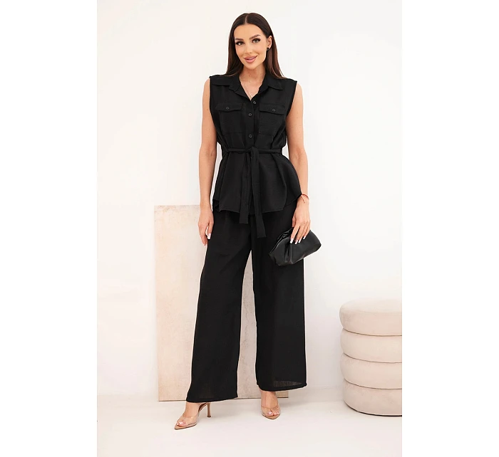 Dámsky komplet s uzlovou blúzkou a širokými nohavicami čiernej farby Dámsky komplet s uzlovou blúzkou a širokými nohavicami čiernej farby