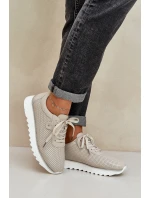 Skórzane Buty Sportowe Na Platformie Z Brokatem D&A LR51-629 Beżowe