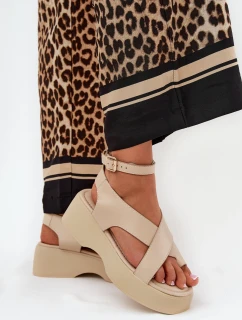 Sandały Damskie Na Platformie I Koturnie Eko Skórzane Beżowe Tenzorus