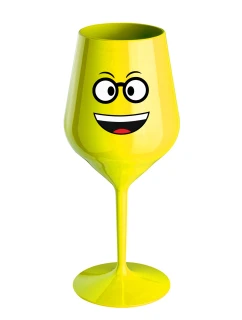SMAJLÍK S BRÝLEMI - žlutá nerozbitná sklenice na víno 470 ml