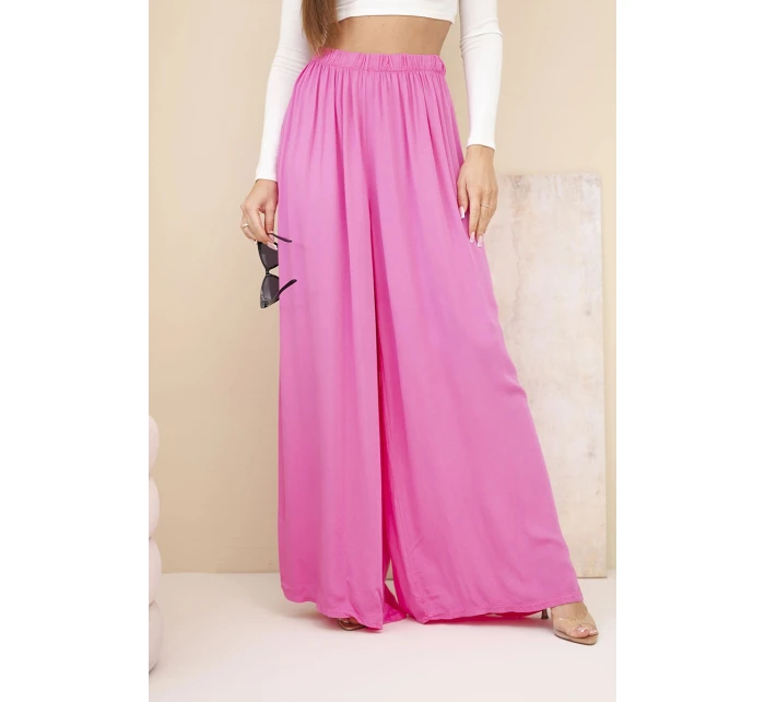 Dámské široké viskózové kalhoty s gumou v pase růžové