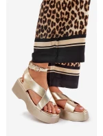 Sandały Damskie Na Platformie I Koturnie Eko Skórzane Złote Tenzorus Sandały Damskie Na Platformie I Koturnie Eko Skórzane Złote Tenzorus