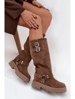 Kožené semišové dámské kozačky s přezkami zateplené Big Star model 21758942 béžové - Big Star Shoes