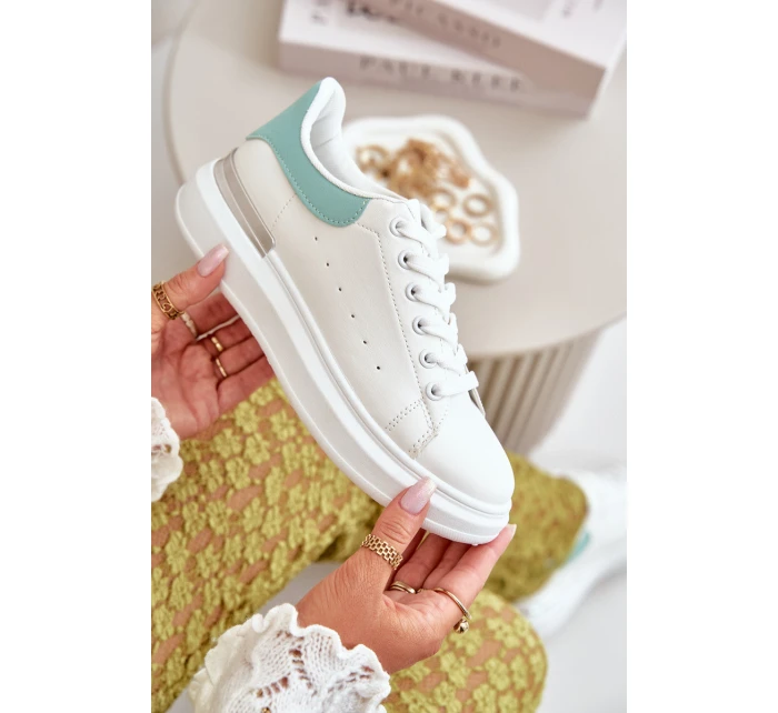 Niskie Trampki Damskie Na Platformie Z Eko Skóry Biało-Zielone Nevelena Niskie Trampki Damskie Na Platformie Z Eko Skóry Biało-Zielone Nevelena