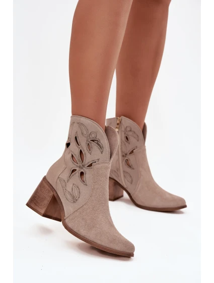 Botki Damskie Ażurowe Z Naturalnego Zamszu Na Słupku Zazoo 3690 Beżowe