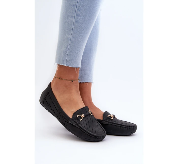 Mokasyny Damskie Ażurowe Z Ozdobą Czarne Kaydance