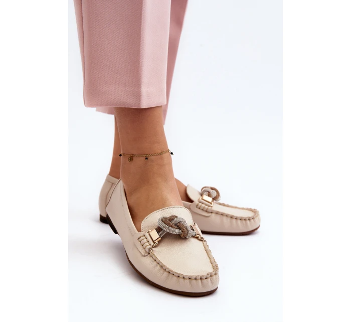 Dámské kožené mokasíny s ozdobou model 21648246 béžové - Laura Messi