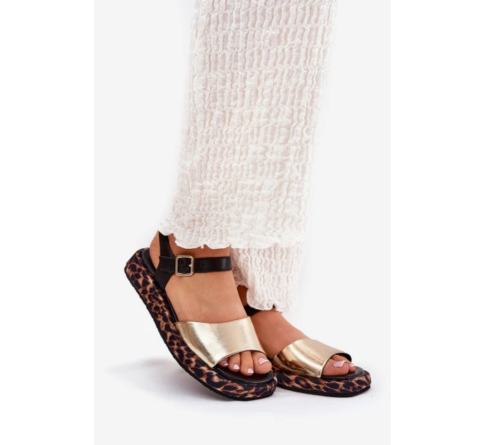 Sandały Skórzane Damskie Na Platformie Z Panterką S.Barski JC51-347 Złote