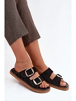 Dámské pantofle z imitace semiše s zlatými přezkami Černé Averia