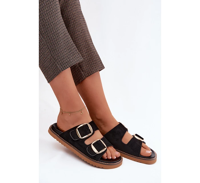 Dámské pantofle z imitace semiše s zlatými přezkami Černé model 22122722 - Boto