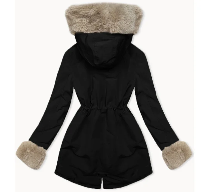 Čierno-béžová krátka zimná bunda s kožušinovou podšívkou (16M9062-392B) Čierno-béžová krátka zimná bunda s kožušinovou podšívkou (16M9062-392B)