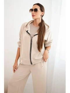 Dámska maslová súprava so širokými nohavicami a mikinou na zips béžová
