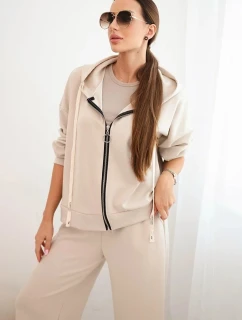 Dámska maslová súprava so širokými nohavicami a mikinou na zips béžová