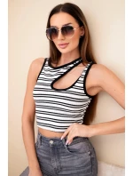 Dámsky rebrovaný pruhovaný top bez rukávov s prieramkami čierny