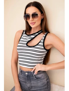 Dámsky rebrovaný pruhovaný top bez rukávov s prieramkami čierny