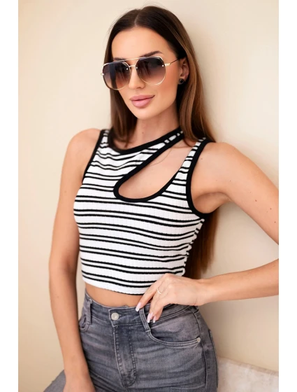 Dámsky rebrovaný pruhovaný top bez rukávov s prieramkami čierny