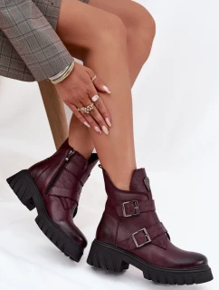 Dámske kožené členkové topánky s prackami a ozdobnými detailmi Zazoo - bordová