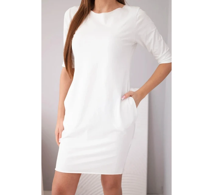 Dámske bavlnené šaty s 3/4 rukávmi a vreckami biele