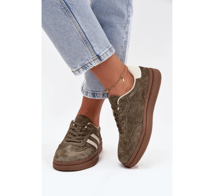 Sneakersy Damskie Zamszowe Na Platformie Ciemnozielone Sylviona