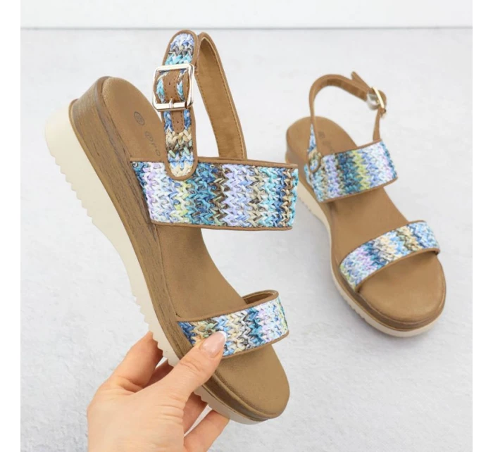 Dámske sandále na podpätku modré pletené Potocki 45302