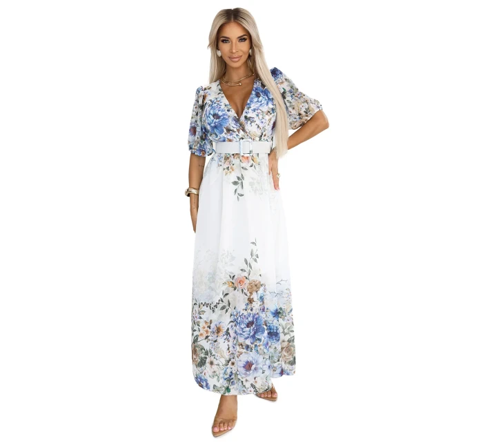 613-1 CELINA Vzdušné maxi šaty s obálkovým výstrihom, opaskom a kvetinovým ombre - MODRÁ 613-1 CELINA Vzdušné maxi šaty s obálkovým výstrihom, opaskom a kvetinovým ombre - MODRÁ