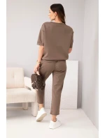 Dámske krémové tričko s krátkym rukávom z viskózy a nohavicami s volánovým lemom mocca