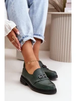 Zazoo 20174 Skórzane Eleganckie Półbuty Damskie Na Płaskim Obcasie Ciemnozielone