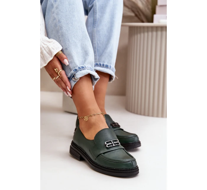 Zazoo 20174 Skórzane Eleganckie Półbuty Damskie Na Płaskim Obcasie Ciemnozielone