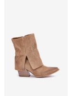 Zamszowe Botki Kowbojki Na Słupku Z Wywiniętą Cholewką Zazoo 3488 Beżowe